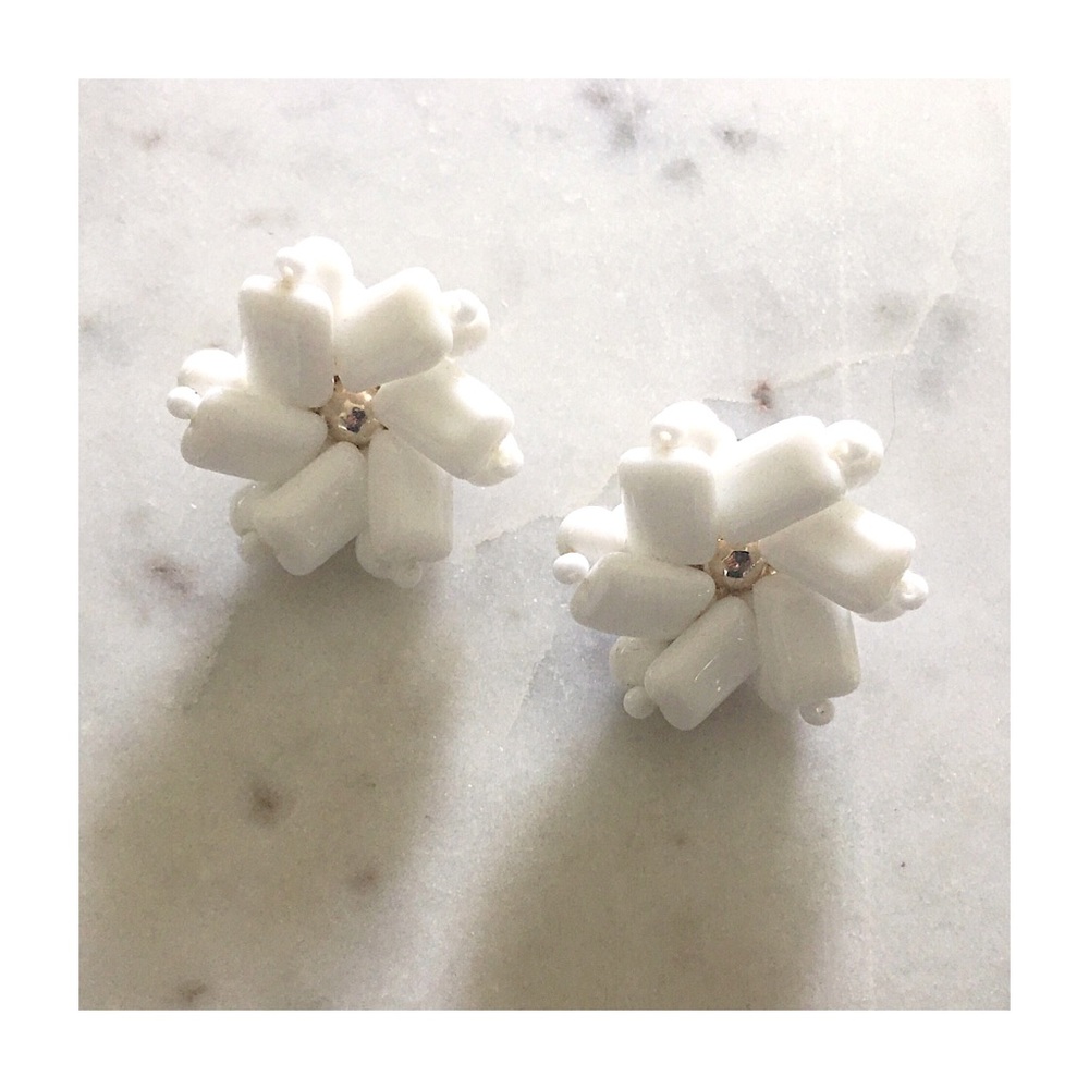 Vintage White Beaded Flower Earring Clips